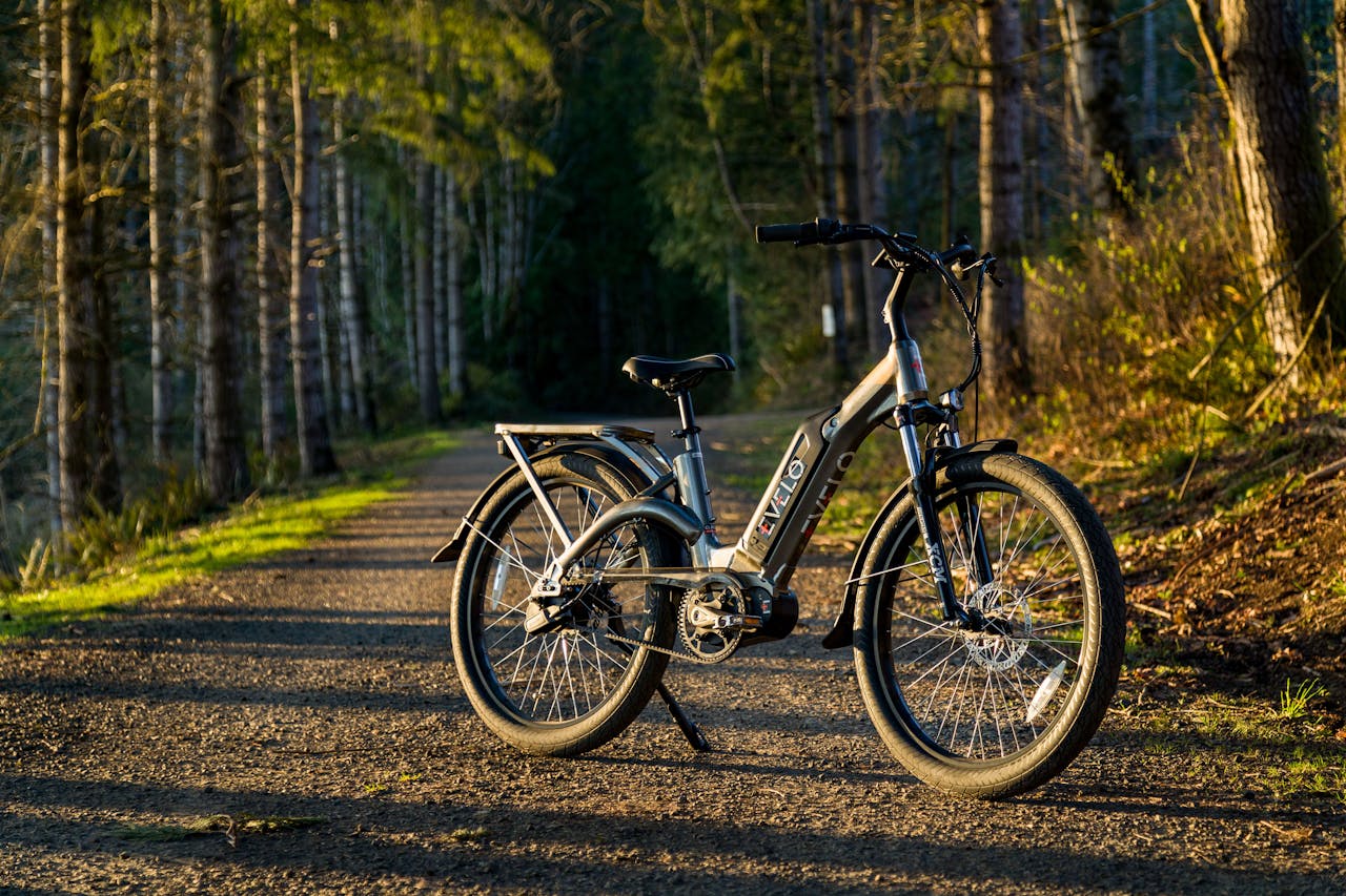 Electric bicycle parked on a sunny gravel path in a Seattle forest.